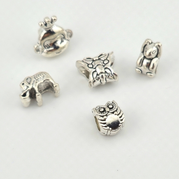 5pc Silver Tone Animal Bead Lot: Owl Elephant Frog Dog Rabbit Spider - Picture 1 of 3
